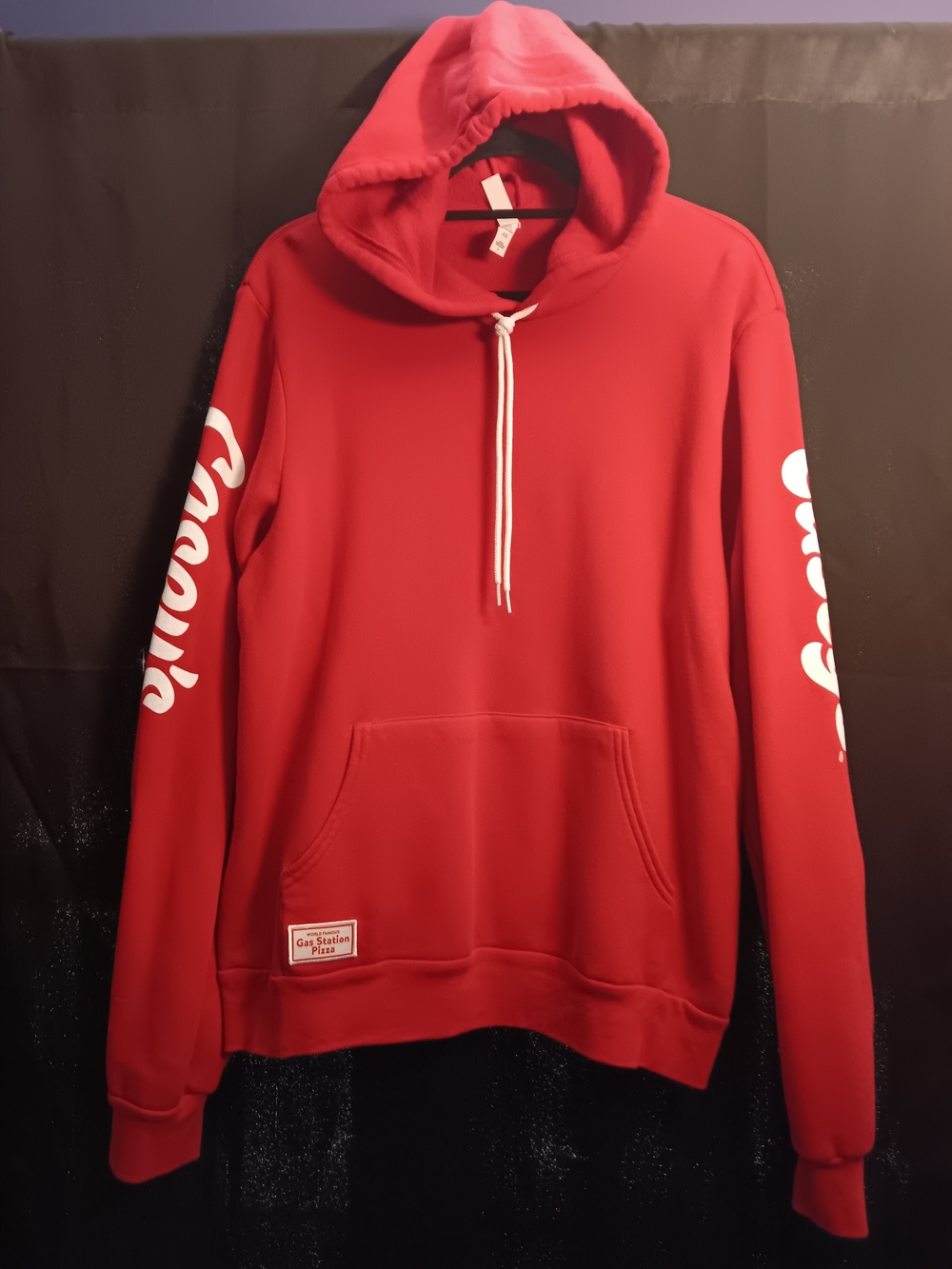 Red Men's Hooded Sweatshirt with Sleeve Script